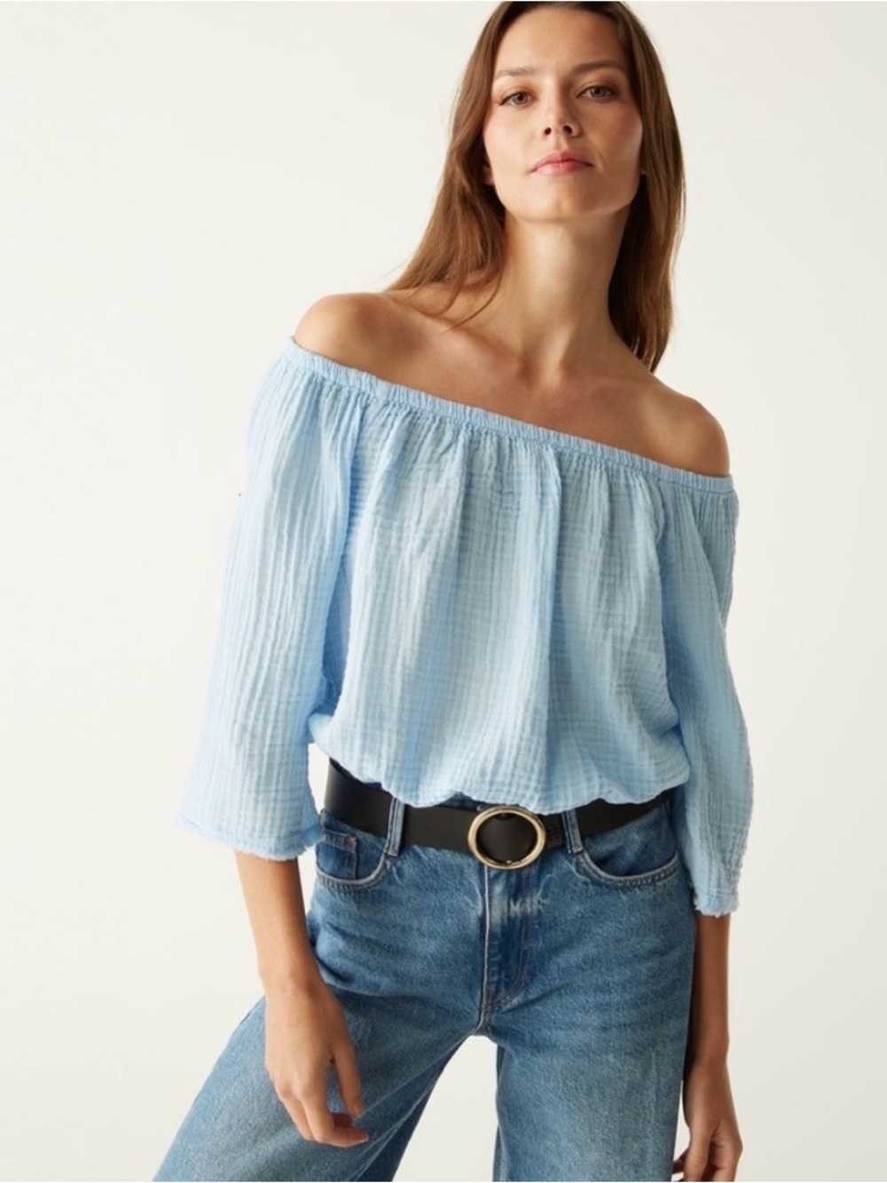 Michael Stars Light Blue Off-Shoulder Peasant Blouse